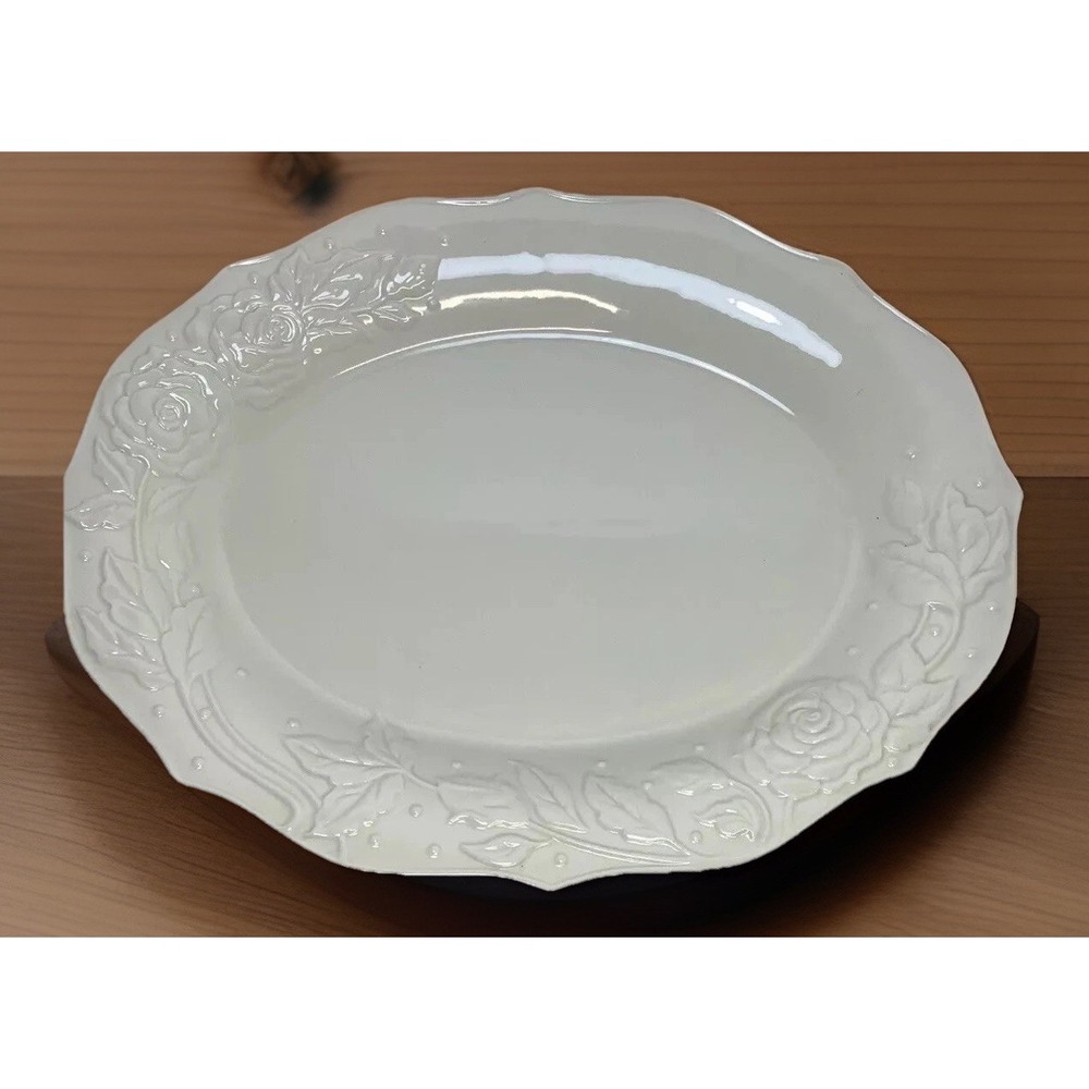 Lenox 16"‎ Oval Serving Platter Roses/Leaves Ivory Rose America By Design